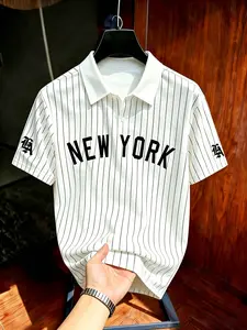 Men's American Baseball Style Striped Polo Shirt, Comfortable Breathable Letter Print, Contrast Collar, Classic Casual Streetwear Short Sleeve
