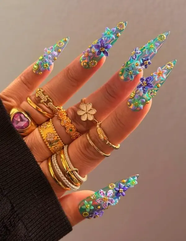 Handmade Long Stiletto Press On Nails | Colorful 3D Floral Fake Nails | Sheer Blue Green False Nails with Rhinestones | Reusable Tropical Summer Nail Art Manicure