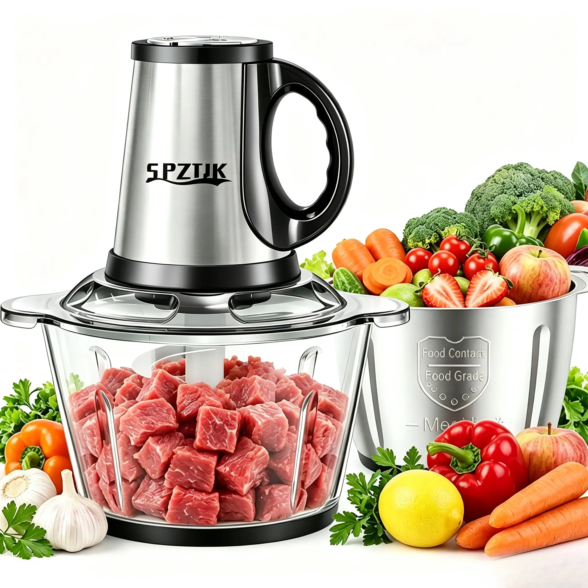 SPZTJK Electric Countertop Meat Grinder Machine - 2L Large Capacity, Dual Bowls, Dual Blades Specialty Kitchen Appliance for Family Food Preparation (Countertop Meat Grinders, Family Size Options), Family Size Meat Grinders