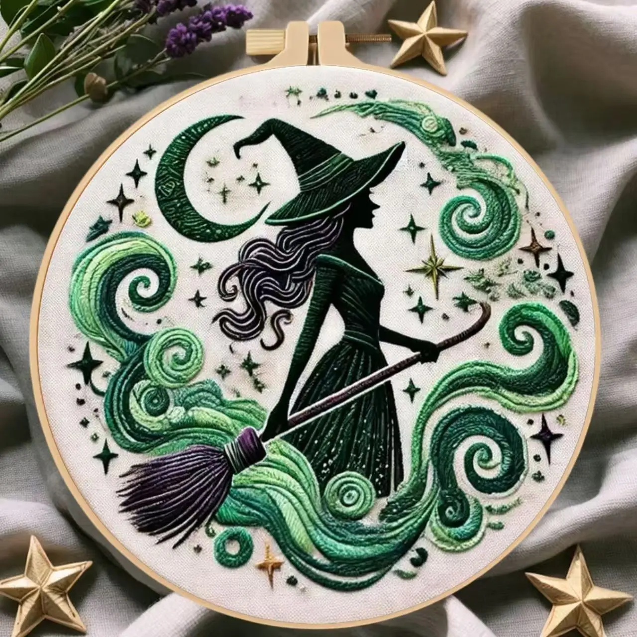 Elegant Cross Stitch Hand Embroidered Hand Embroidery Kit for Beginners, Witch Design, Complete DIY Set with Printed Cotton Fabric, Embroidery Thread and Needle, DIY Kits, Cross Stitch Supplies