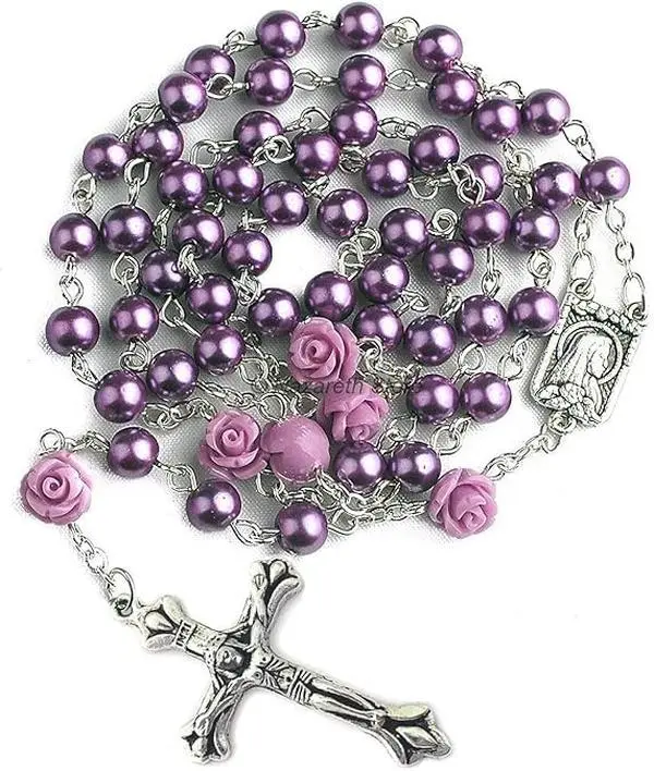 Nazareth Store Catholic Purple Pearl Beads Rosary Necklace with Our Lady of Lourdes Medal & Cross, Religious Wear Jewelry Accessory