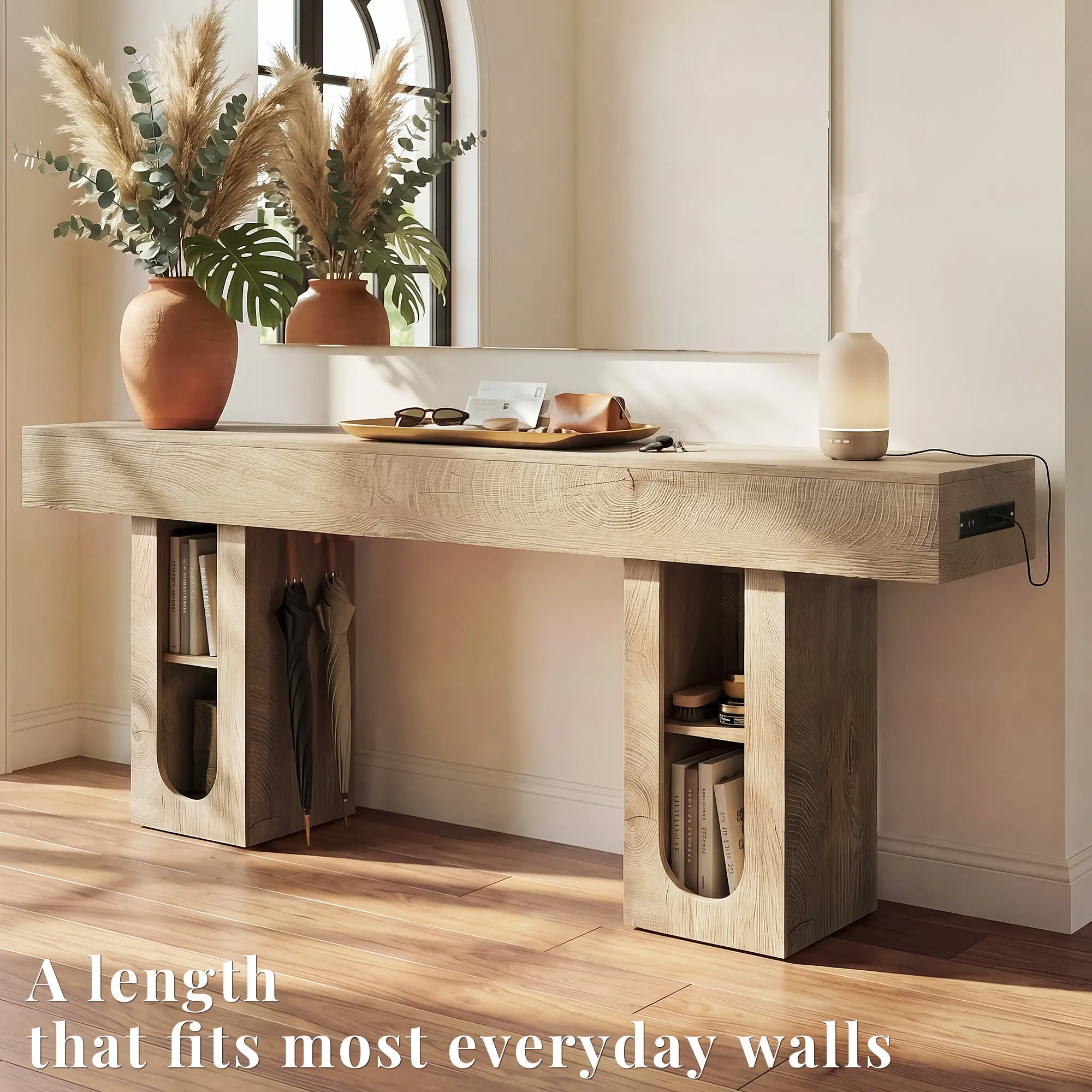 OMCHOM 63-Inch Long Console Table, Wooden Rectangular Sofa Table Behind The Couch, Farmhouse Entryway Table for Entrance, Hallway, Living Room (Natural) Modern