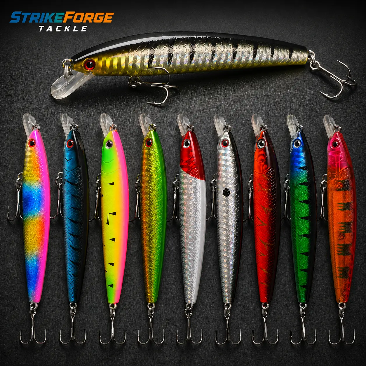 StrikeForge Tackle Floating Minnow Jerkbait, 10cm 9g Rattle Hard Fishing Lure with Reflective Scale Finish for Bass, Walleye & Pike
