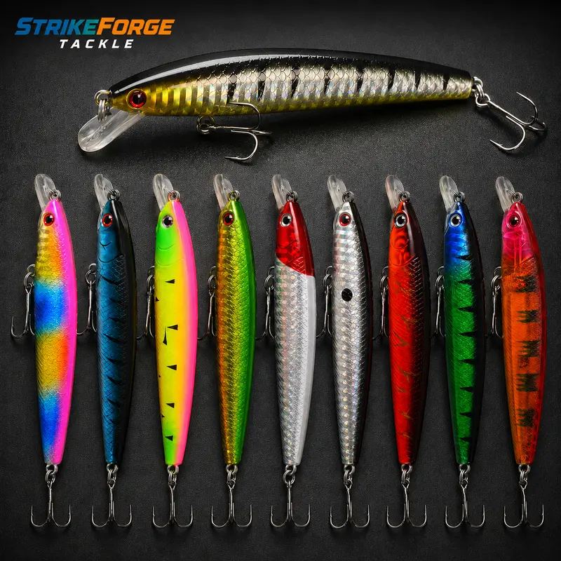StrikeForge Tackle Floating Minnow Jerkbait, 10cm 9g Rattle Hard Fishing Lure with Reflective Scale Finish for Bass, Walleye & Pike