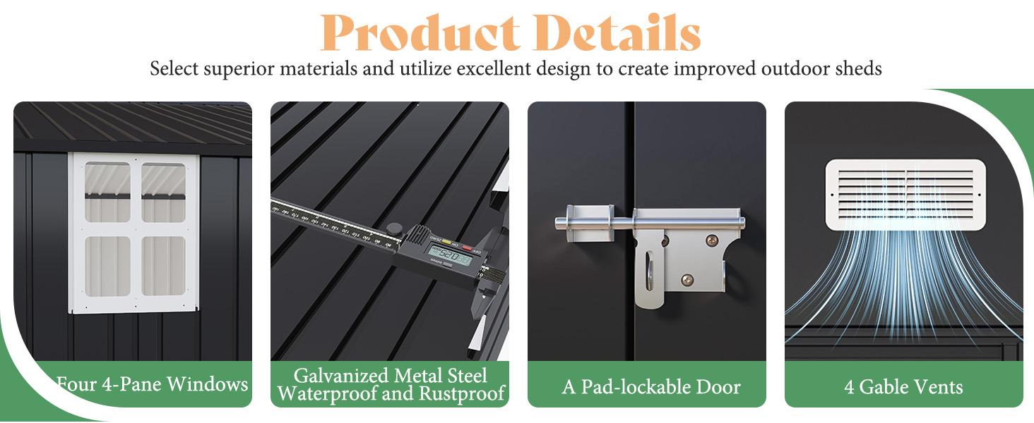 [Spring Sale] AMERLIFE Outdoor Storage Shed, Huge Metal Garage Shed with 2 Double Hinged Doors and 4 Windows, Carport for Car, Truck, Bike, Garbage Can and Lawnmower, Dark Grey/Best Gift Ideas/Christmas Gifts