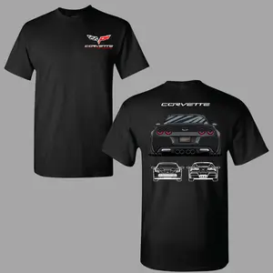 Corvette C6 Rear View T-shirt, 2 Sides Graphic Tee with Full Back Black Corvette Design and Classic Line Art Fronts, Street Muscle Car Shirt for Men & Women, Streetwear, Vacation Outfits, Summer Deals
