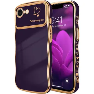 For iPhone 16e Case for iPhone 17e Case for Women Girls, Cute Wave Frame Curly Shape with Love Heart Camera Protection Luxury Plating Shockproof Phone Cover for iPhone 16e/17e, Dark Purple