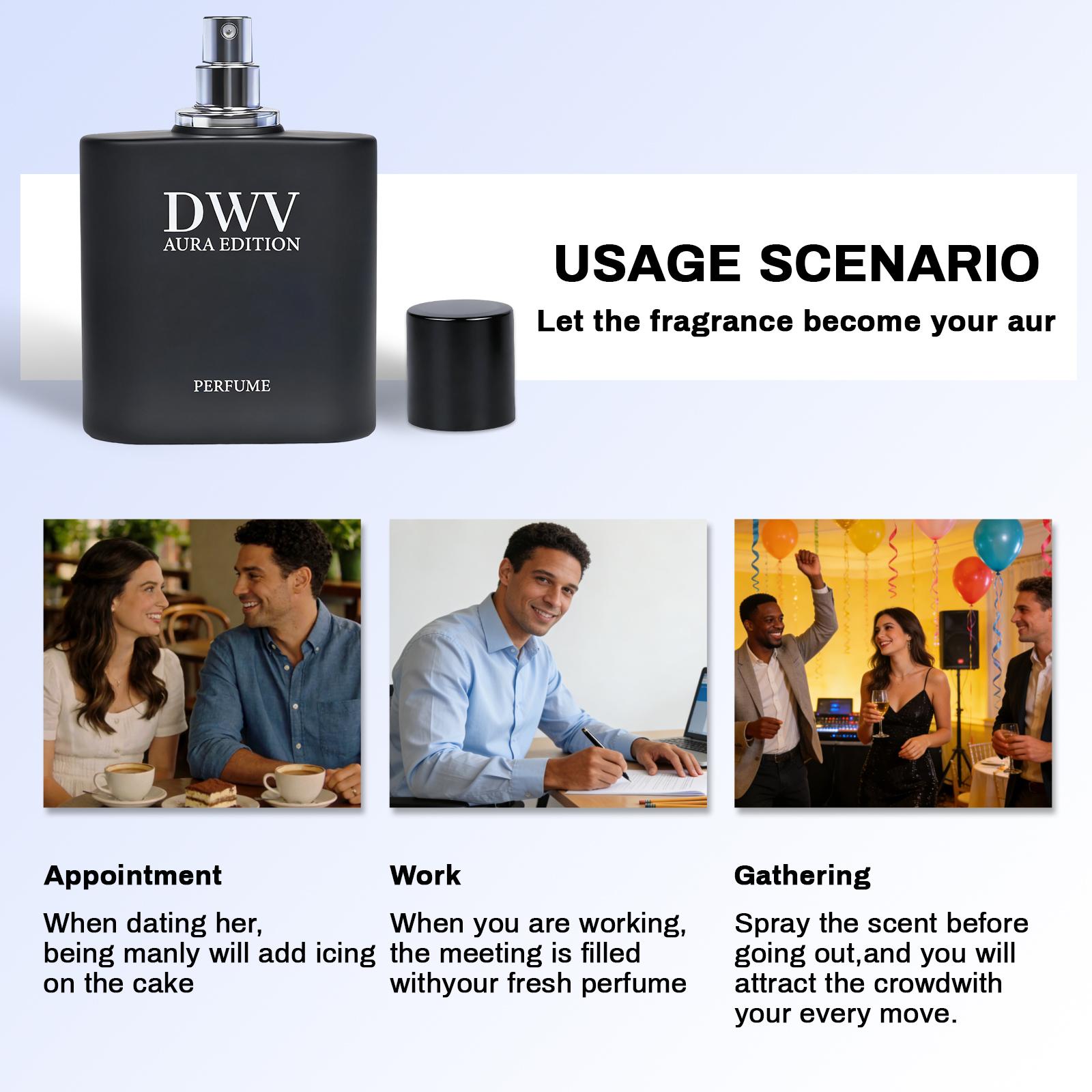 DWV AURA Eau de Parfum Unisex 50ml, a premium aromatic woody fragrance blending notes of cedar, patchouli, and amber; suitable for both men and women; a bold, Arabian-inspired scent; a luxurious gift