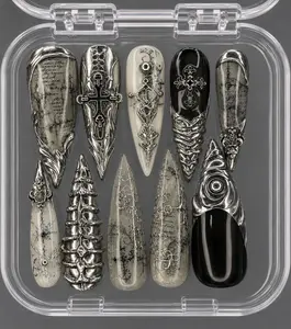 Luxury Gothic Chrome Press On Nails | Black Silver Cathedral Nails | Cross & Script 3D Nail Art | Handmade Fake Nails