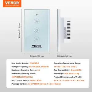 VEVOR WiFi Smart Light Dimmer Switch, 100-250V AC Wi-Fi 2.4GHz, 15 to 85 Stepless Dimming LED Dimmable Smart Switch with Touch Panel, App Remote Control Voice Compatible with Alexa Google Home