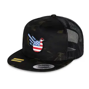 American Black Camo Trucker Flat Bill adjustable fit MAGA Trump Hat with USA Flag