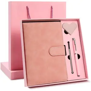 Leather Notebook Gift Set - A5 Hardcover Journal with Pen & 6 Heart Bookmarks, Gift Box + Bag (Pink)
