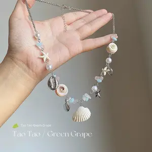 Natural Shell Pearl Color Beaded Necklace for Women, Beach Vacation Style Choker, Summer Sweet Cool Neck Chain Accessory