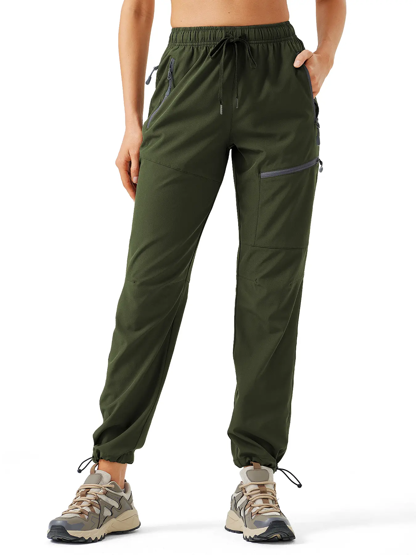 Women Quick Dry Cargo Hiking Pants Elastic Drawstring Waist Joggers Multi Zip Pockets Lightweight Water Resistant Outdoor Travel Workout Trousers Women's Jogger Sweatpants outfit polyester movement womenswear