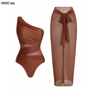 Women's Solid Color Ruched Mesh One-Piece Swimsuit with Sarong Skirt, Perfect for Summer Beach & Vacation