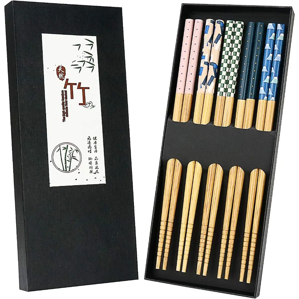 5 Pairs Natural Bamboo Chopsticks with Unique Pattern, Dishwasher Safe, Reusable Non-Slip Chopstick Gift Set For Asian Dishes,Sushi,Rice,Noodles, Nicely Boxed Functional Chopsticks
