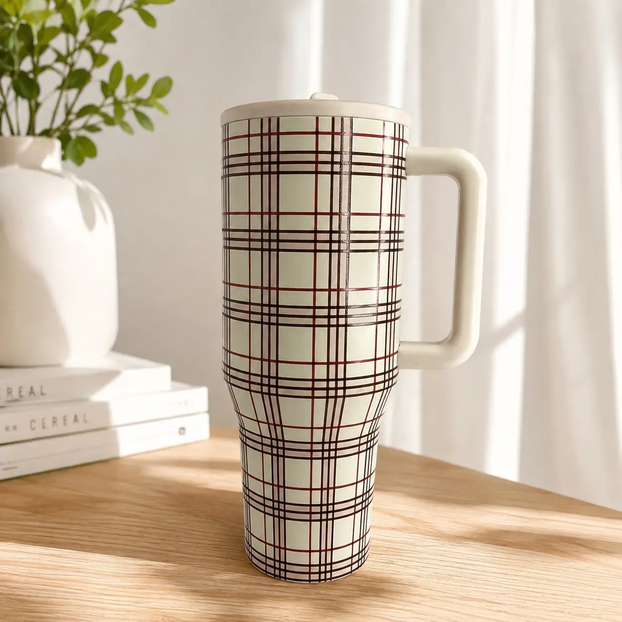 HydroJug Traveler 40oz Tumbler with Handle and Straw, Leak Proof Triple Wall Insulated Stainless Steel Bottle, Sage Green Plaid Tartan Mug for Gym
