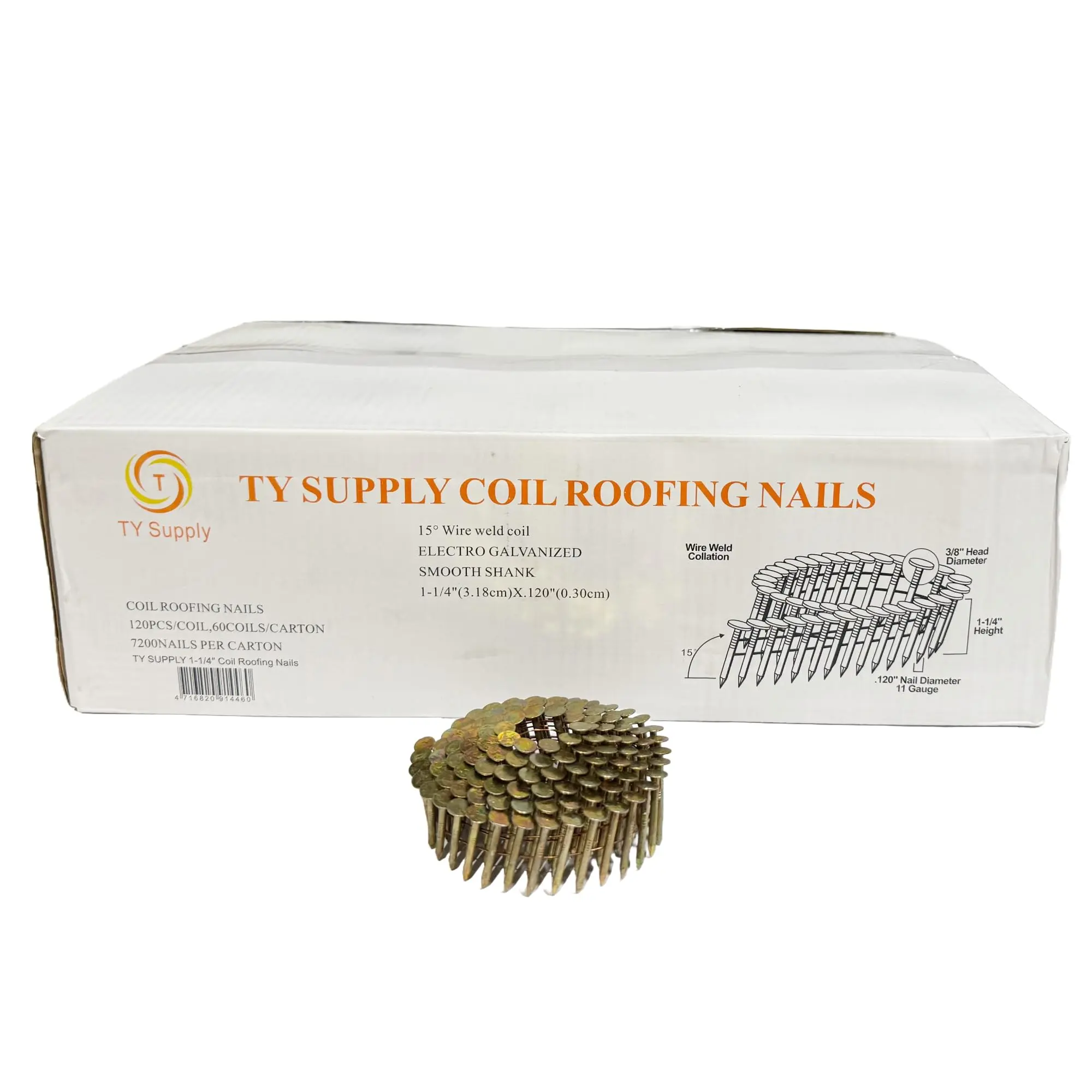 Galvanized Smooth Shank Coil Roofing Nails For Roofs, Sheathing & Lathing - 7200 Count, 1-1/4 Inch, 15°
