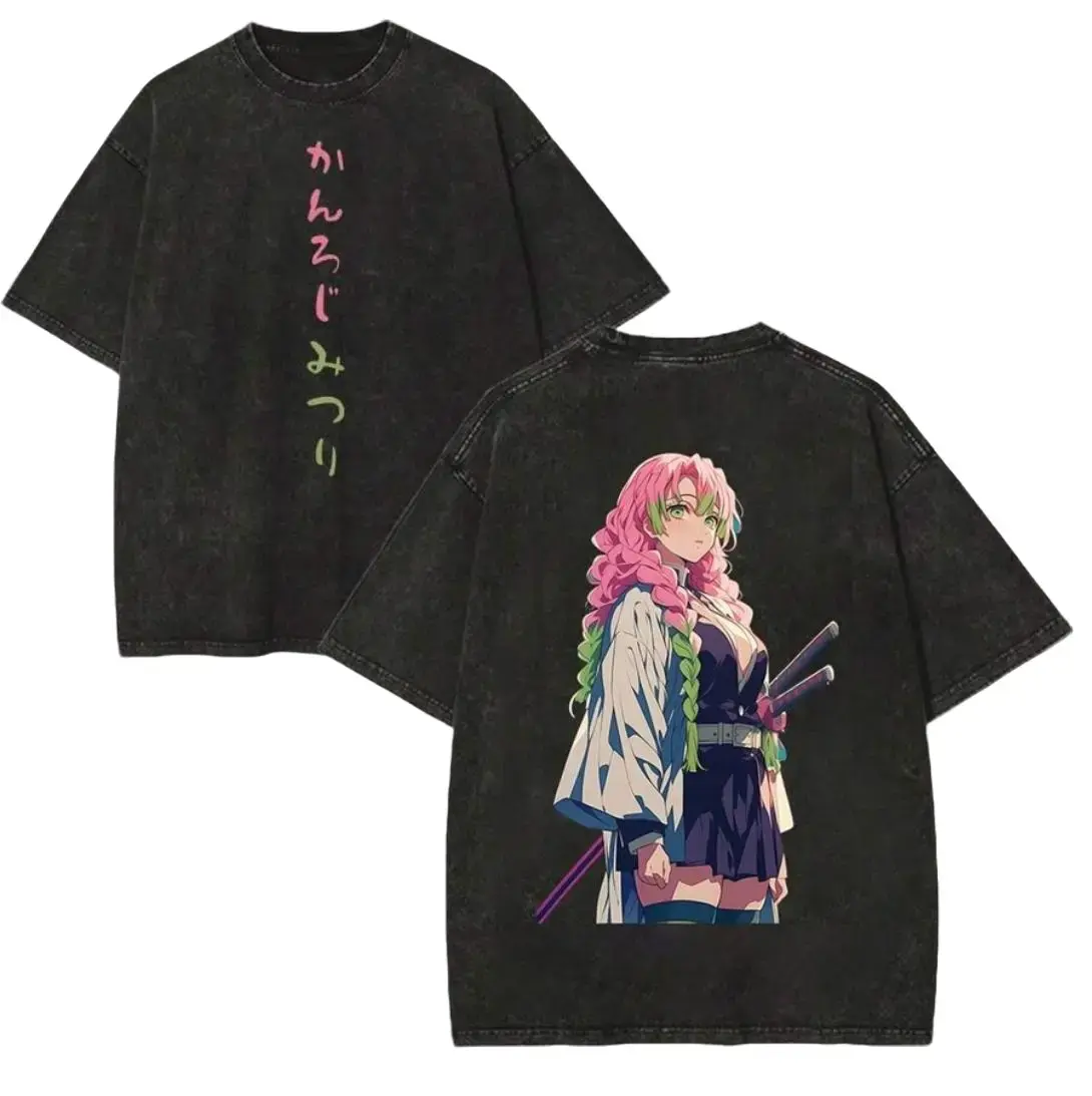 Men's Stylish Casual Short-Sleeve Demon Slayer Mitsuri Kanroji Love Hashira Front & Back Print Tshirt, Vintage Washed Black Oversized Japanese Text Anime Streetwear Top, Menswear Fan Gift Apparel, Shortsleeve, Anime Style