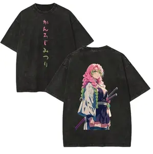 Demon Slayer Mitsuri Kanroji Love Hashira Front & Back Print T-Shirt, Vintage Washed Black Oversized Anime Streetwear Top, Retro "Kanroji Mitsuri" Japanese Text Tee for Men Women, Demon Slayer Fan Gift & Anime Apparel