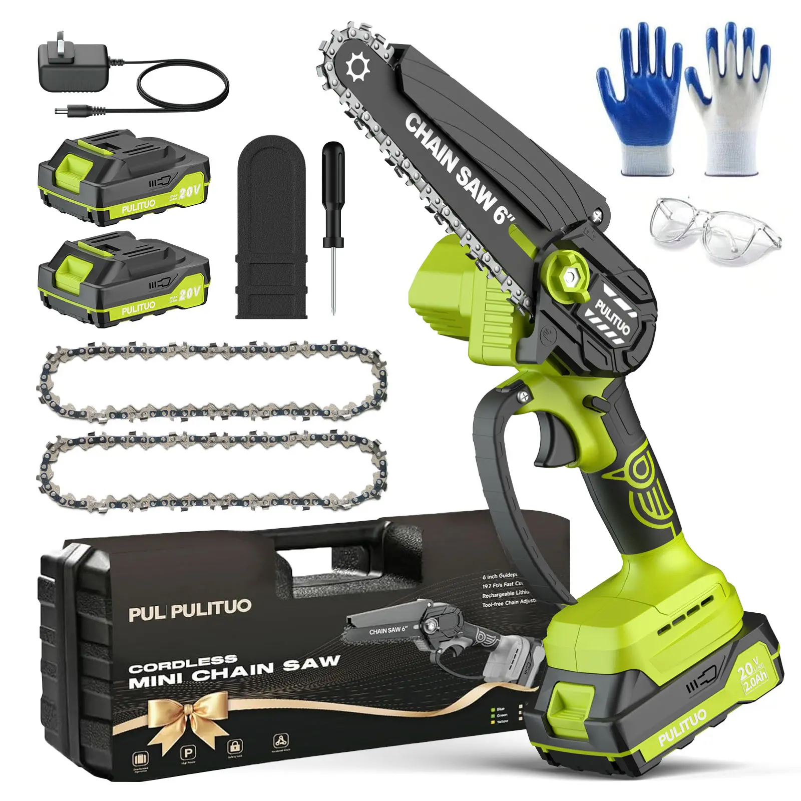 PULITUO 6-in Battery-Powered Cordless Lightweight Chainsaw, Handheld Electric Power Saw with 2 Batteries, Charger, Screwdriver, Hand Guard, Goggles, Gloves, Manual for Tree Trimming, Wood Cutting, Ideal Birthday Gift for Him, Lightweight Chain Saw, Batter