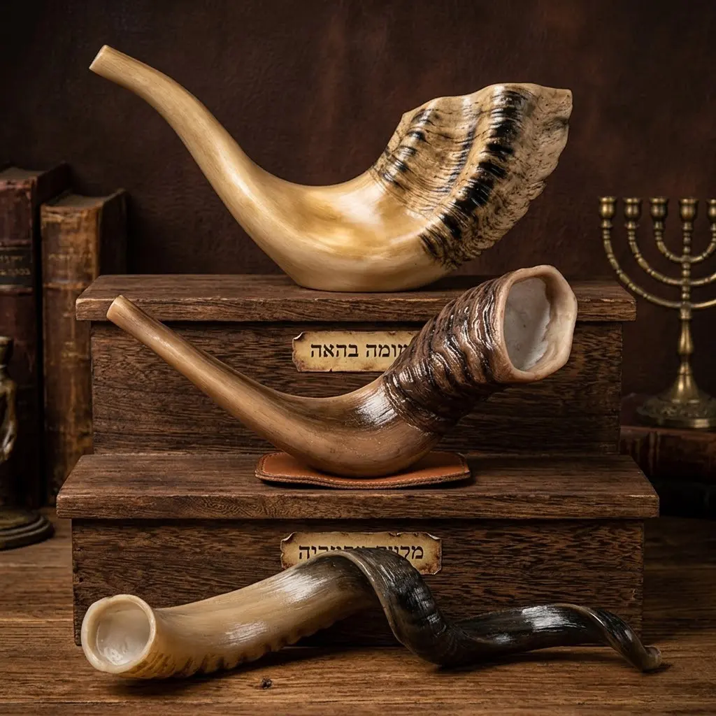 Hand-Polished Resin Ram’s Horn Shofar Replica Set - Jewish Religious Collectibles, Ornate Spiritual Ornaments, Desk Display Home Decor Supplies