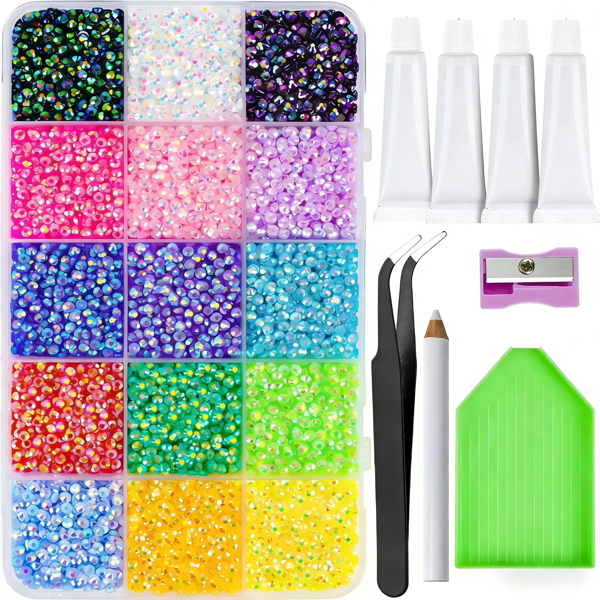 18000PCS Multicolor 3mm Flatback Rainbow Gems for Nail Art & DIY Crafts with 4Pcs 2.5g Adhesive Glue Set for Jewelry Making & Stocking Stuffers Gifts