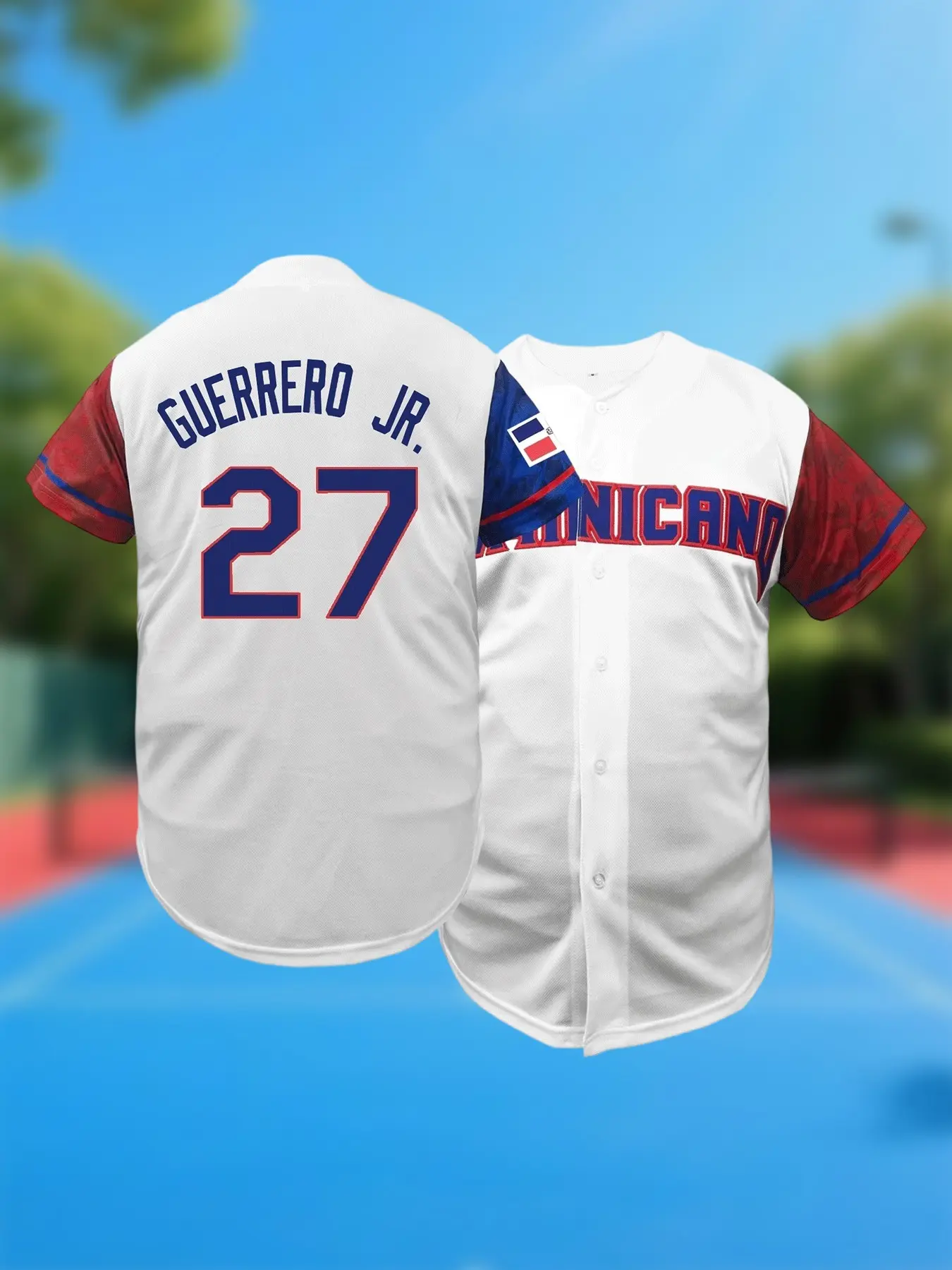 Dominicana #27 Men's Letter & Figure Stitched Contrast Binding Short Sleeve Western Baseball Jersey, Stylish Jersey, Soccer Jerseys, Loose Casual Button Front Baseball Top for Training & Competition, Baseball Outfielder Equipment, Sports Clothing