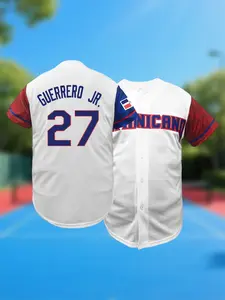 Dominicana #27 Men's Letter & Figure Stitched Contrast Binding Short Sleeve Western Baseball Jersey, Stylish Jersey, Soccer Jerseys, Loose Casual Button Front Baseball Top for Training & Competition, Baseball Outfielder Equipment, Sports Clothing
