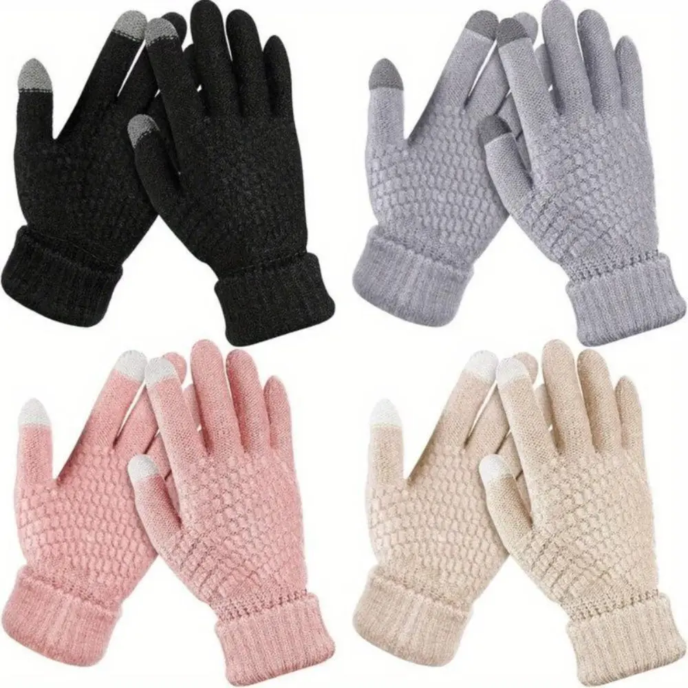 Women's Heated Gloves (4 Pairs) - Velvet-Fleece Lined, Touchscreen Compatible, Double-Layer Insulation, Thick Elastic Cuffs, Thermal, Korean Style, Machine Washable for Cold Days, Skiing, Cycling, Female