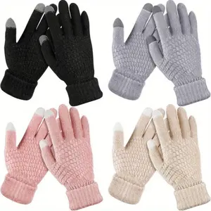 Women's Heated Gloves 4 Pairs Thermal Fleece Lined Touchscreen Korean Style Velvet Thickened Elastic Cuffs for cold day Skiing Cycling Outdoor Coordinating Colors Double Layer Insulation