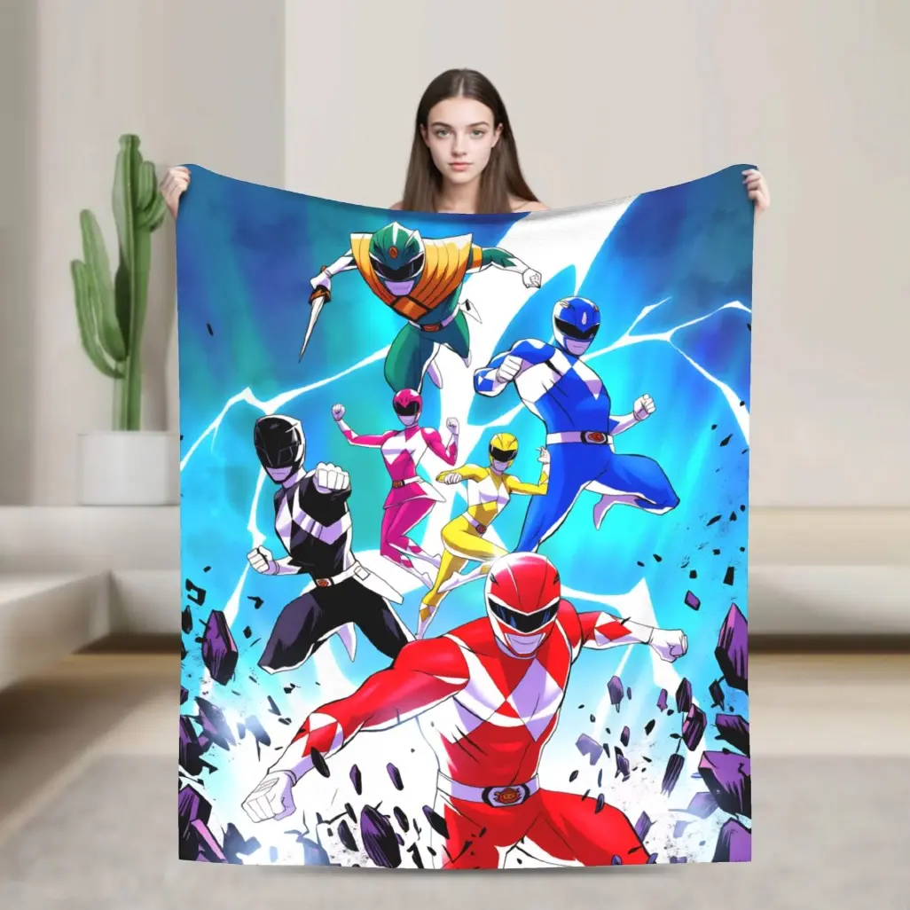 M-Mighty Morphin Power Rangers Super Warm Plush Blanket, Retro Cartoon Flannel Throw for Bed & Sofa, Cozy Movie Night Essentials, Soft Picnic Bedspread, Nostalgic Birthday Gift, Year-Round Home Decor