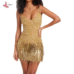 Women Wrapped Dresses, Sleeveless Off Shoulder Sequined Tassels Casual Party Spring Summer Dress