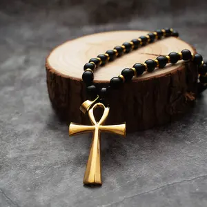 Ankh Tiger Eye Natural Stone Bead Necklace Protection Mysterious Power Amulet with Metal Cross Pendant Adjustable