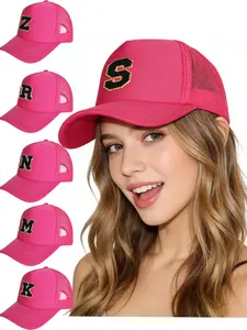 Bright Pink Trucker Hat with Letter Patch, Mesh Back Baseball Cap for Women Men, Vintage Varsity Letter Fitted Snapback Sun Hat for Streetwear