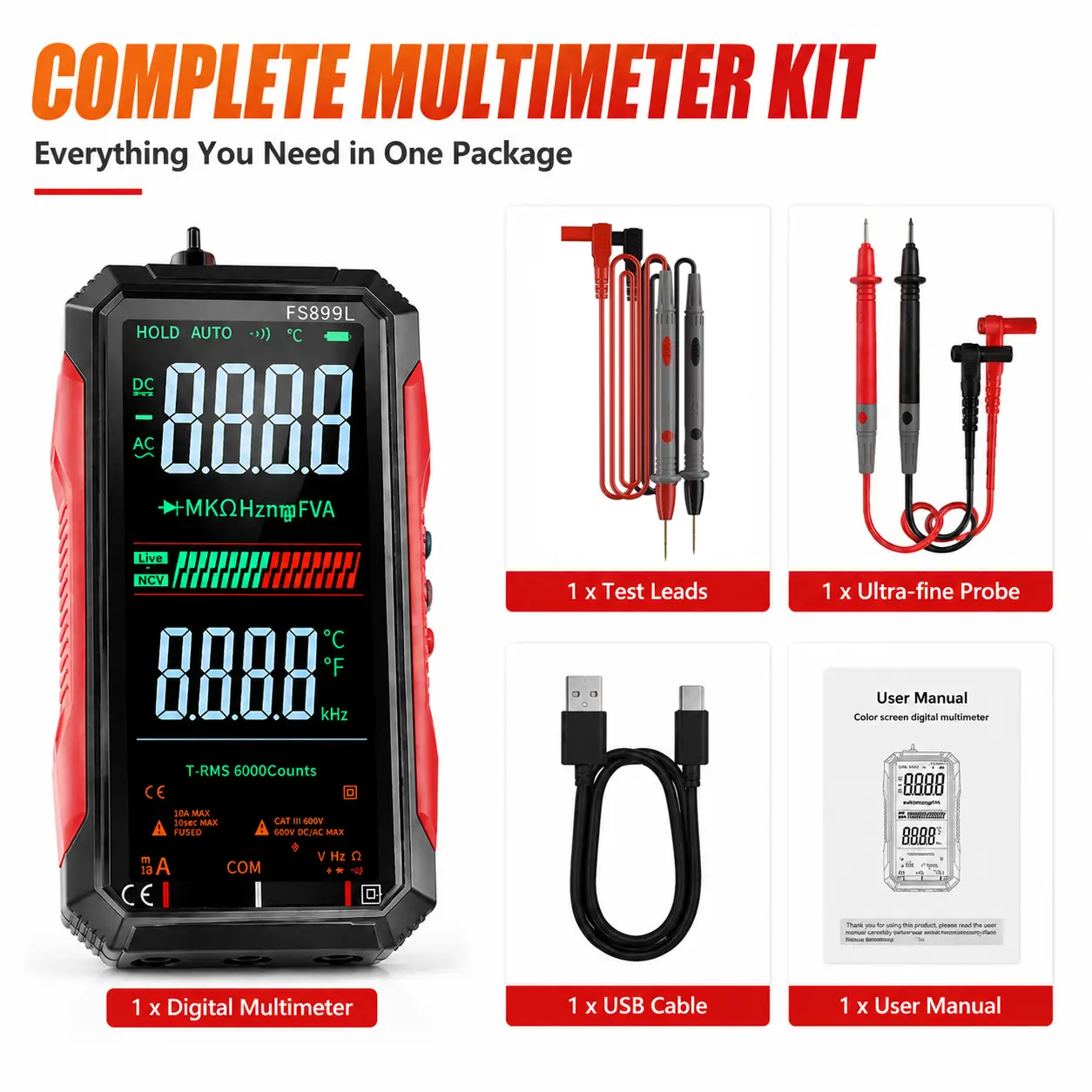 FS899L Color Screen Digital Multimeter - Electrician's Essential Measuring Tool, Smart, Precise, Reliable, Tests Voltage, Current, Capacitance, Temperature, NCV