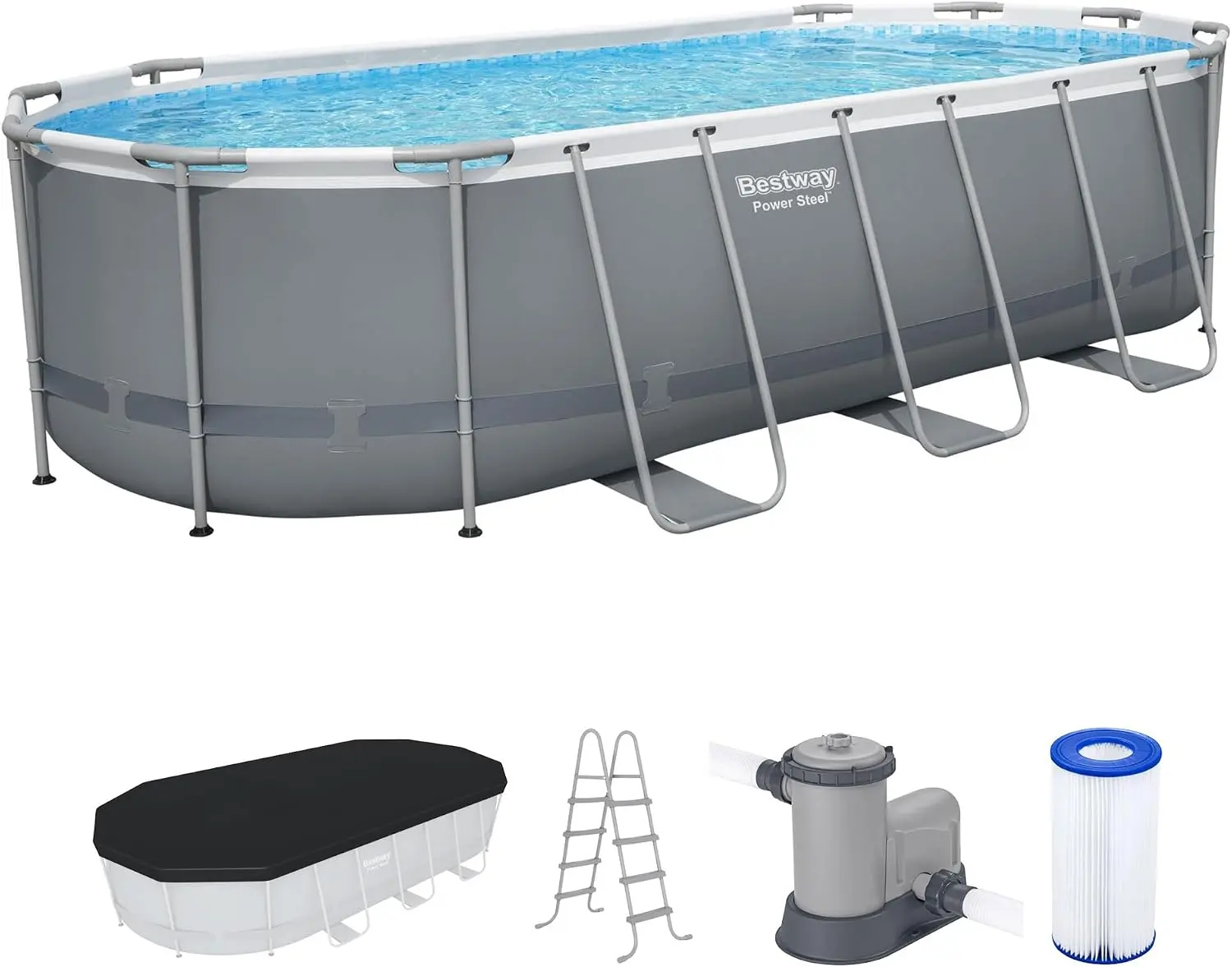 Bestway Steel Pro MAX 18' x 9' x 48" Above Ground Pool, Oval Metal Frame Outdoor Swimming Pool Set with Filter Pump, Ladder, and Cover, Gray