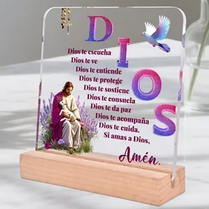 2d Flat 1pc Spanish Prayer Plaque Signs Bohemian Style Acrylic Wood Desktop Decorative Wooden Decor with Shepherd Lamb Cross Beads Inspirational Spanish Religious Art for Home Office Church
