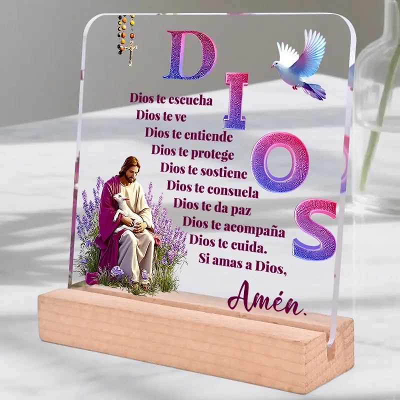 2d Flat 1pc Spanish Prayer Acrylic Signage Plaque Signs Bohemian Style Acrylic Wood Desktop Decorative Wooden Decor with Shepherd Lamb Cross Beads Inspirational Spanish Religious Art for Home Office Church Acrylic Desktop Decoration