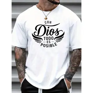 100%25 Cotton Unisex Round Neck Short - Sleeve T - Shirt: "Con Dios Todo Es Posible" Inspirational Spanish - Language Graphic Basic Tee For Summer Men's Tops