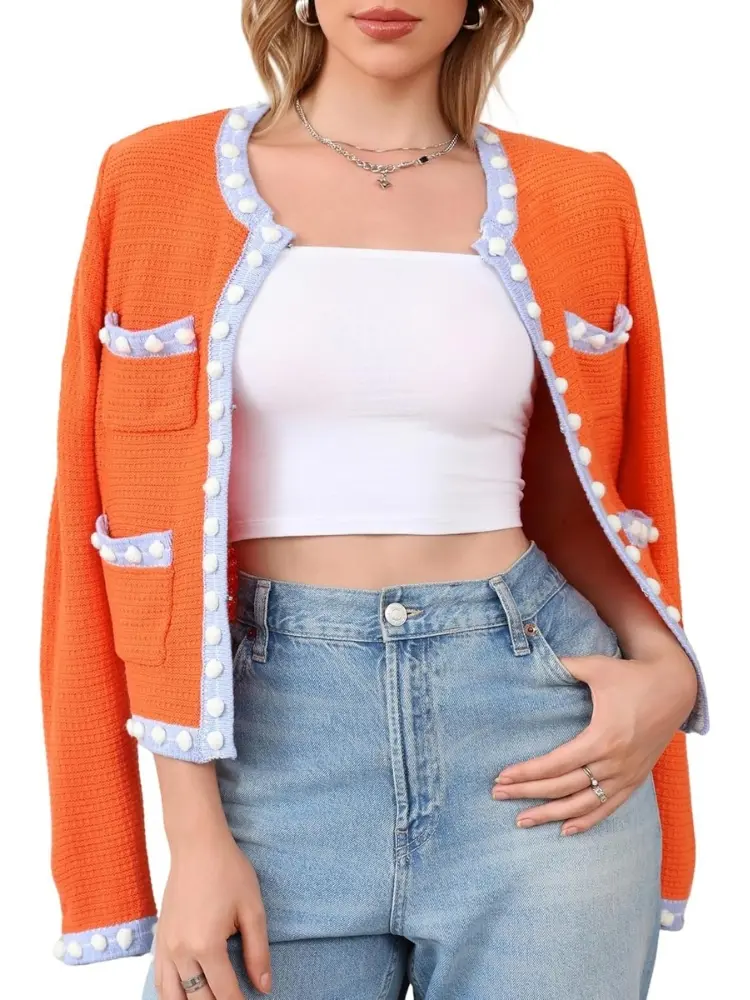 Women's Chunky Knit Cardigan Sweater Vintage Contrast Trim Hook and Eye Closure Jacket Old Money Aesthetic Preppy Long Sleeve Crewneck Sweater Top French Chic Fall Winter Fashion Holiday Christmas Outfit Elegant Business Casual Work Cardigans