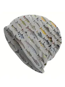 1pc Fashionable Fish Print Skull Cap, Polyester 95% Elastane 5% Knitted Beanie for Men, Trout Char Grayling Bonnet Hat