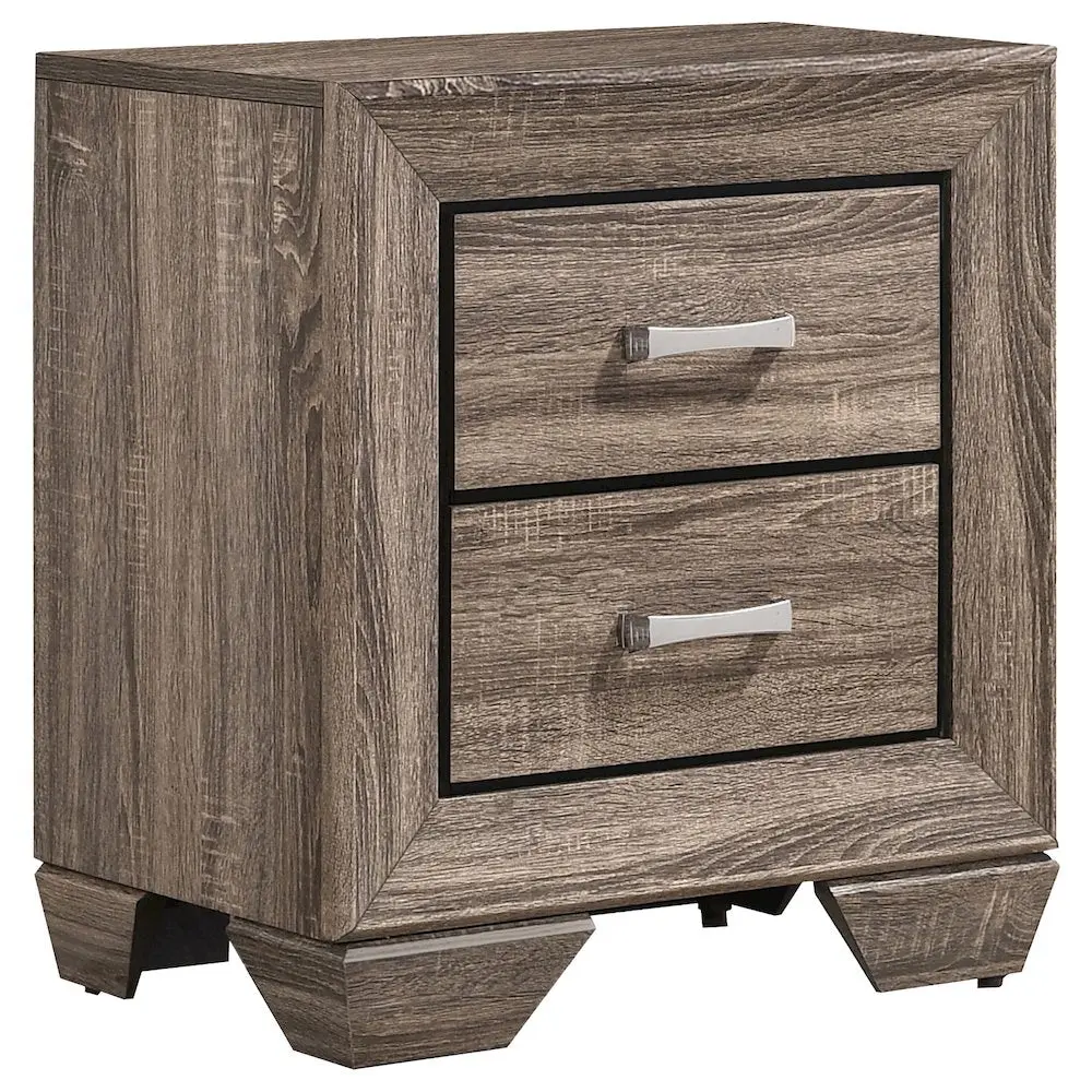 Kauffman Transitional 2-Drawer Nightstand, Washed Taupe, Exposed Grain, Recessed Groove, Tapered Legs, Indoor Furniture Table