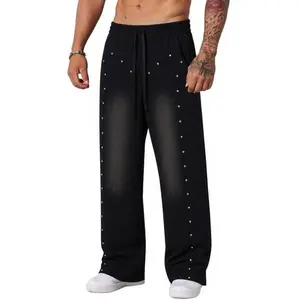 Men’s autumn fashion patched jeans, casual straight-leg pants with rivets and a four-hole design, fashionable washed sportswear GARMENTARY