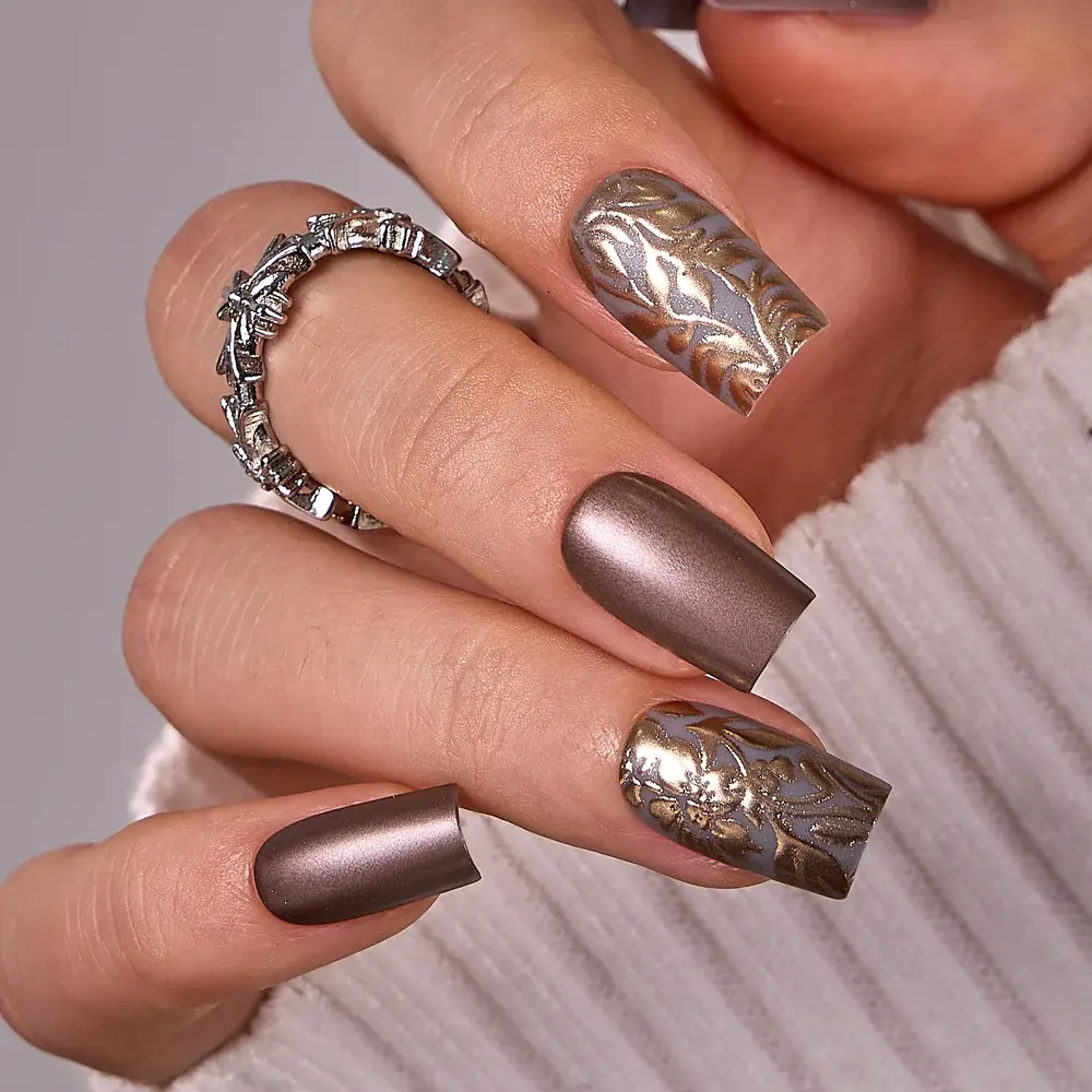 Gilded Blooms Press On Nails | CurvLife Nail | 30pcs Medium Coffin Fake Nails | Glossy Finish with Golden Floral Accents & Radiant Shine | Easy to Apply, Comfortable & Long-Lasting | Ideal for Daily Commutes, Business Meetings, Banquets & Formal Events