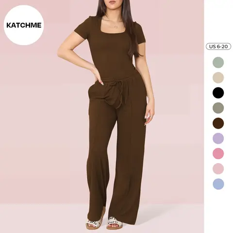Women's Trendy Square Neck Shaping Bodysuit & High Waist Wide Leg Pockets Trousers Co-ord,Short Sleeve Shapewear,Two-Piece Outfit for Womenswear