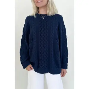 Gilmore Oversized Cotton Cable Knit Sweater in Navy