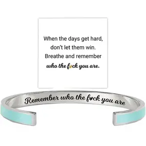 “Remember Who The F You Are” Motivational Color Bangle — Stainless Steel Inspirational Cuff Bracelet with Engravable Message for Women, Sisters, and Friends