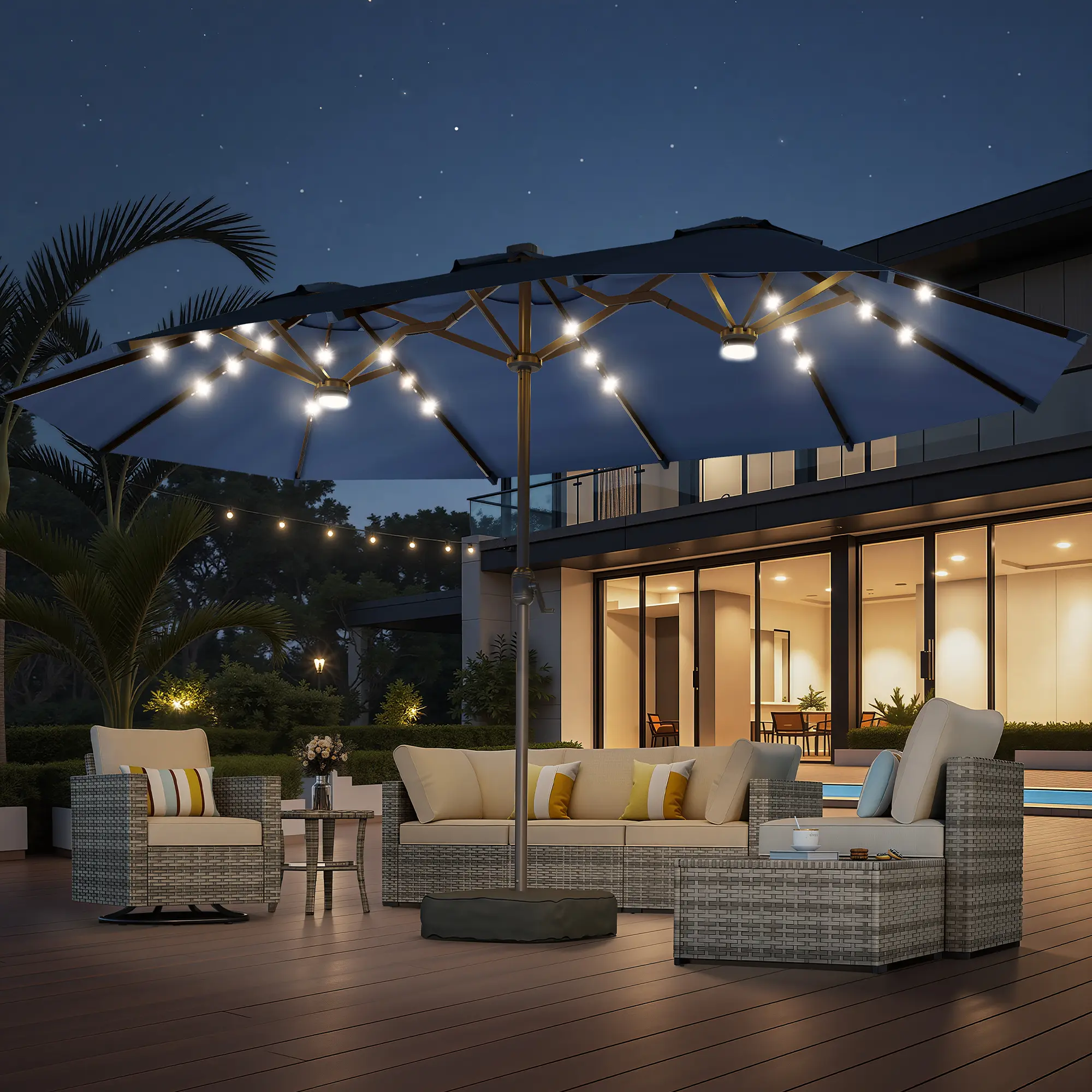 Blue | Lighted Umbrella with Base