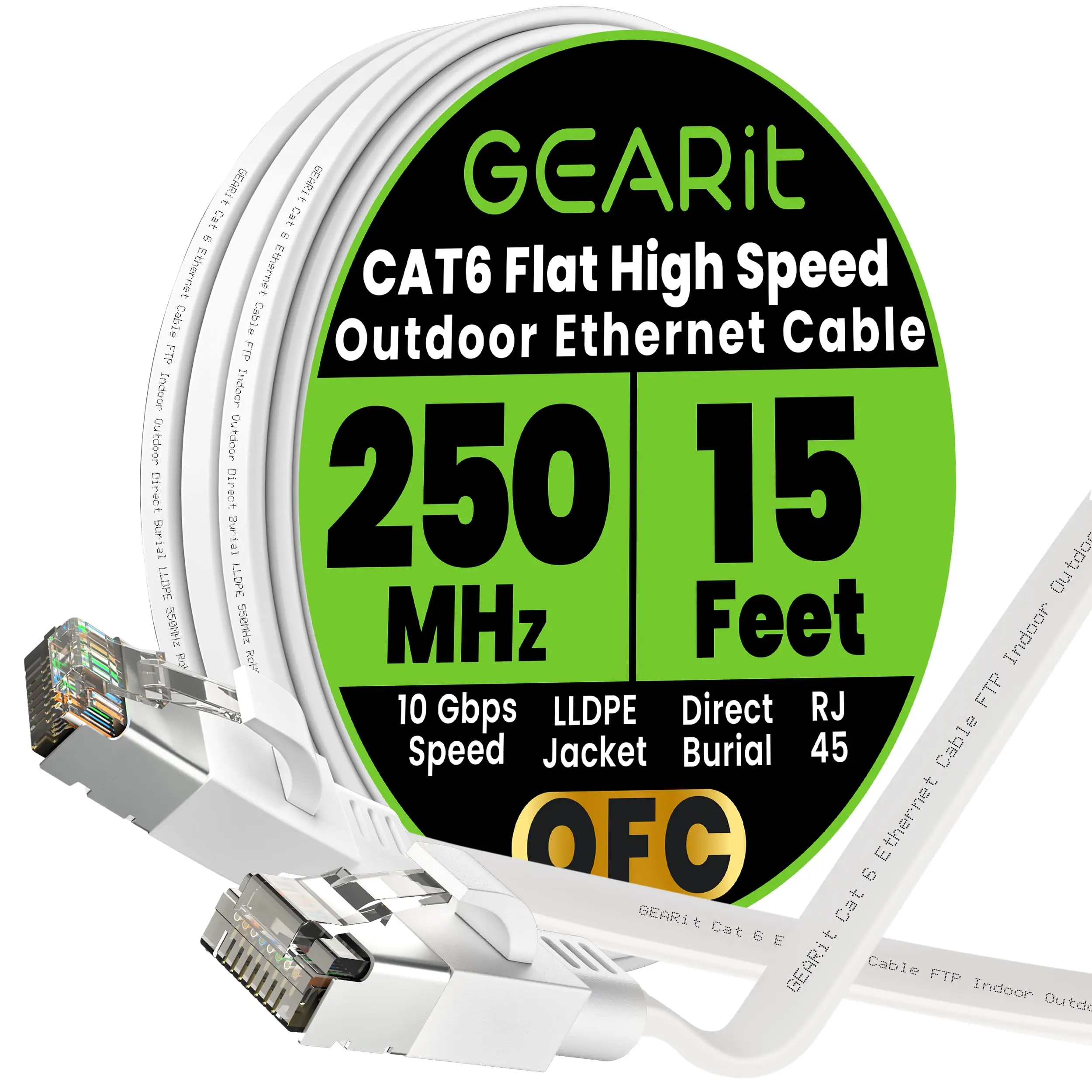 GEARit White Flat Cat6 FTP Outdoor Ethernet Cable - Oxygen-Free Cu (OFC), LLDPE Jacket, Direct Burial, 250MHz, 10Gbps Speed, Flexible, Heavy Duty, Weatherproof for Gaming, Streaming, Browsing